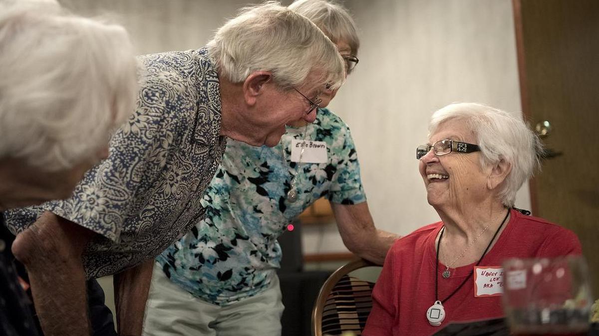 
Hal Brown greets Nancy Lee during the Modesto High School Class of 1945 reunion on Thursday; the two dated in high school.

