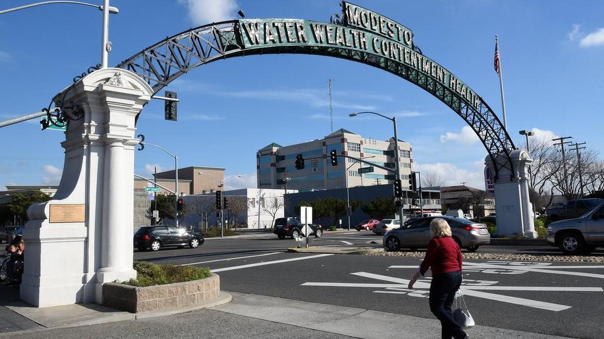 The Modesto arch on I and Ninth streets in downtown Modesto, Calif. is pictured