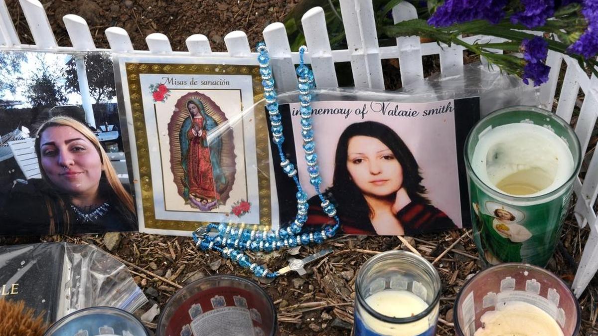 A memorial is pictured Tuesday afternoon (04-11-17) for a female victim that was found deceased April 4th behind the oleander bushes on Claus road near Merle avenue in Modesto, Calif.