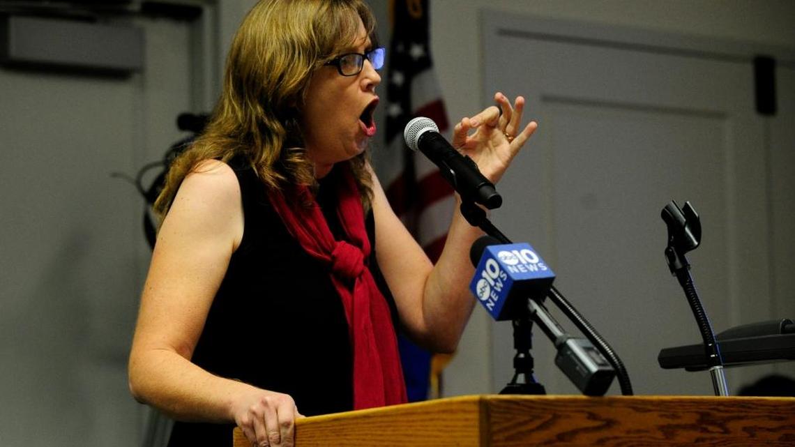 Elizabeth Claes, president of the Turlock Certified Farmers Market board, lets Mayor Gary Soiseth and the Turlock City Council know she is not pleased with a proposal for a for-profit farmers market in downtown Turlock during a special session of the City Council on Saturday, Feb. 20, 2016, in Turlock.