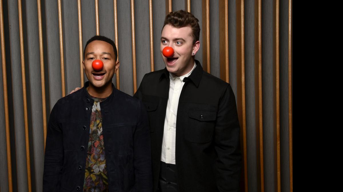 
Singers John Legend, left, and Sam Smith are pictured early this month sporting their red rubber noses.
