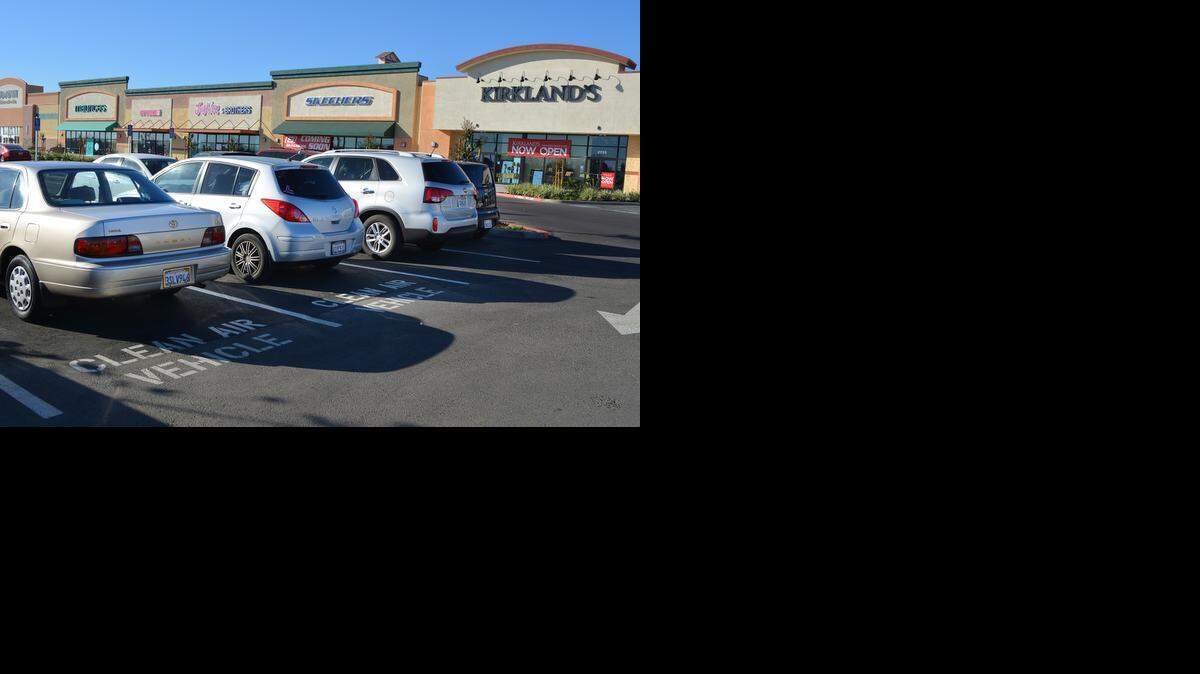 
Several parking slots in the expanded Monte Vista Crossings shopping center in Turlock are set aside for clean-air vehicles, though other cars park there as well.
