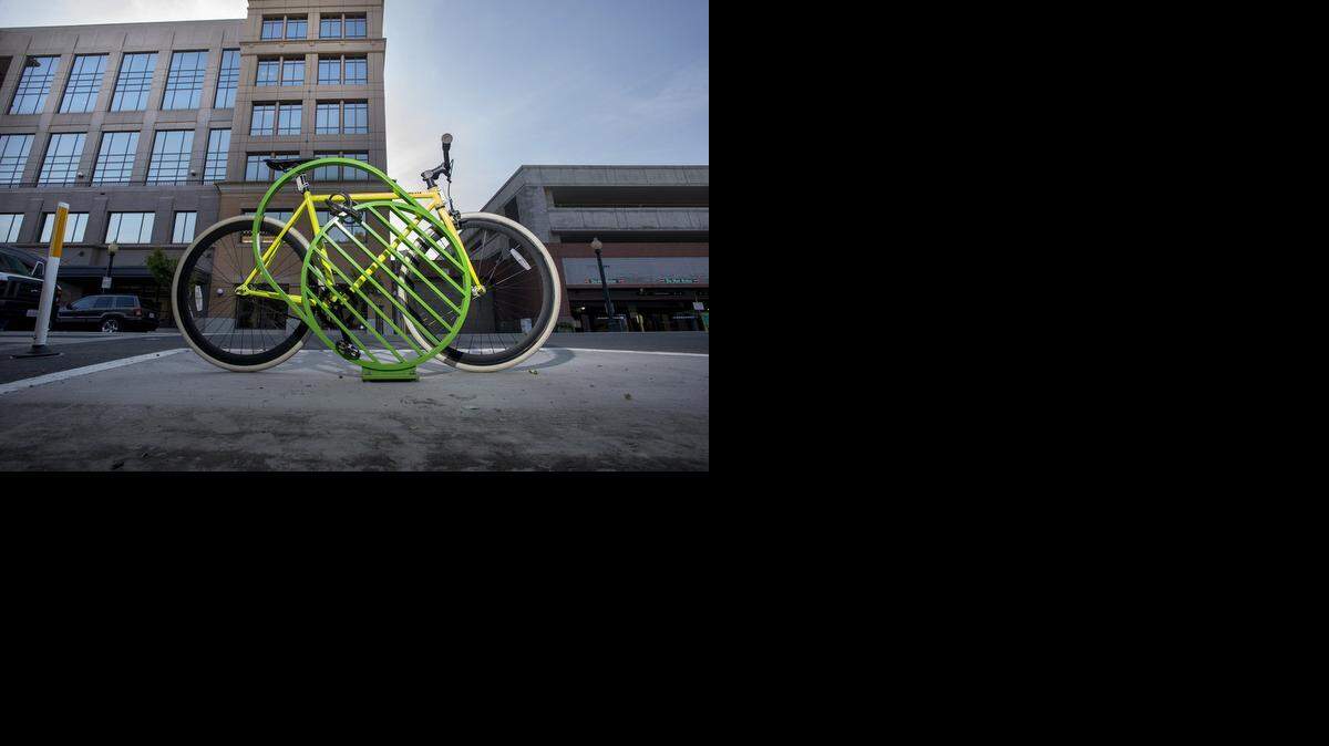 
 This new bike rack is one of two new public art bike racks installed downtown through a partnership between the Modesto Art Museum and the city.
