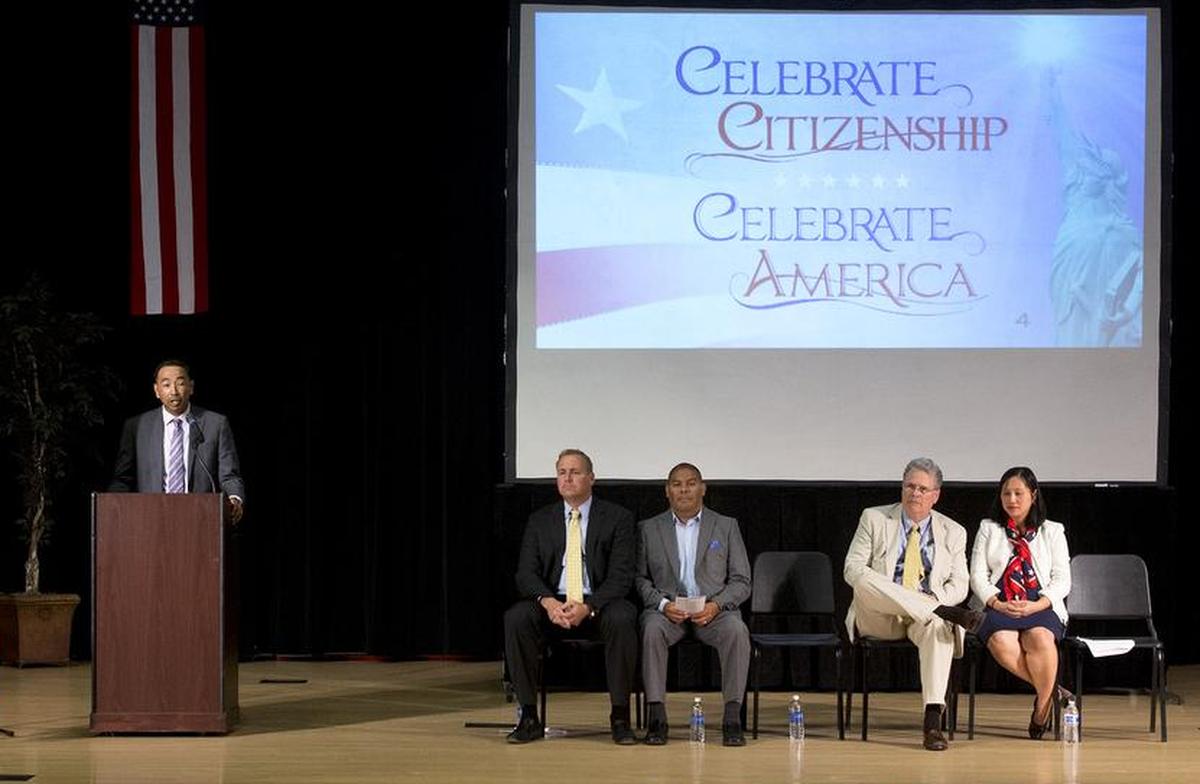El Concilio CEO Jose Rodriguez gives the keynote address during a U.S. Citizenship and Naturalization Ceremony at California State University, Stanislaus in Turlock, Calif., on Wednesday, July, 1, 2015.