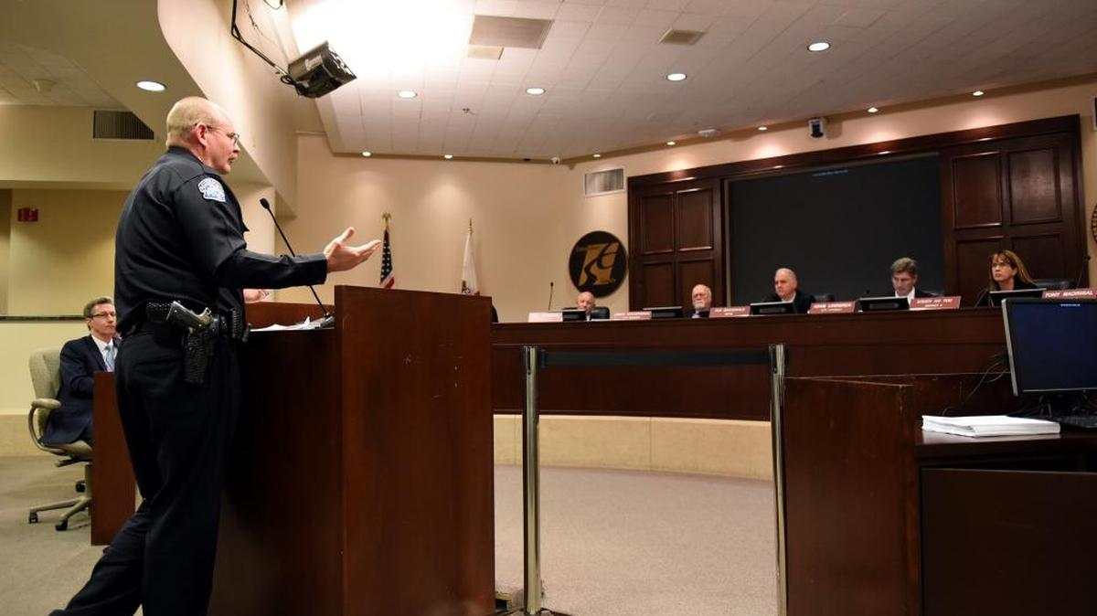 Modesto Police Chief Galen Carroll addresses the City Council in April in the basement chambers of Tenth Street Place. City and county officials are discussing upgrades to the chambers.
