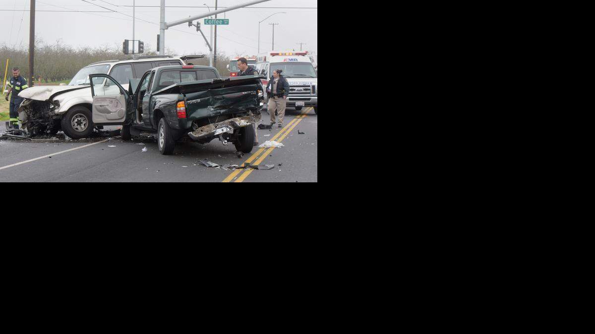 
Two of the four vehicles involved in a crash on Claribel Road just west of Coffee that caused seven to be taken to local hospitals by ambulance just after noon on Monday.
