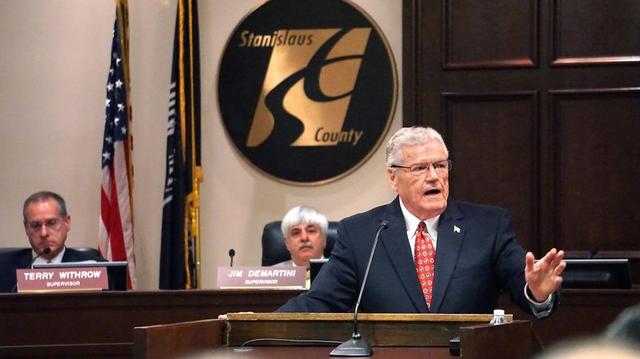 Board of Supervisors Chairman Dick Monteith delivers the State of the County address during the Stanislaus County board’s meeting in Modesto on Tuesday, Feb. 9, 2016.