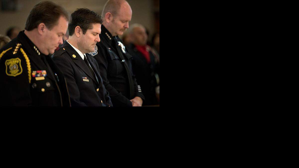
From left, Stanislaus County Sheriff Adam Christianson, Modesto fire Chief Sean Slamon and Modesto police Chief Galen Carroll attend the 12th annual Blue Mass at St. Joseph’s Catholic Church in Modesto on Saturday.

