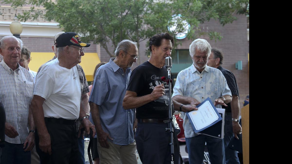 
Six new members members of the Legends of the Cruise Walk of Fame were honored Wednesday night in downtown Modesto. Pictured are the Century Toppers.
