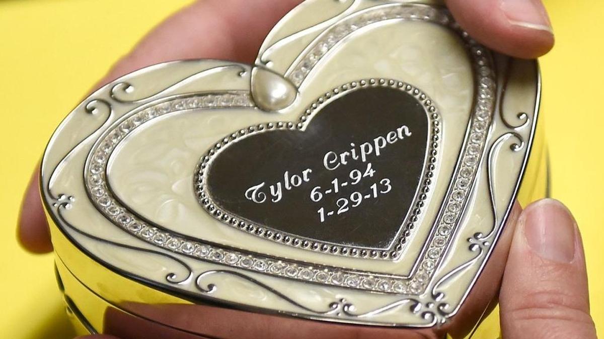 Tylor Crippen’s ashes are held by his mother, Violet Crippen Hachey, on Tuesday morning, Nov. 17, 2015, after victim impact statements were given at the Stanislaus County Courthouse in Modesto.