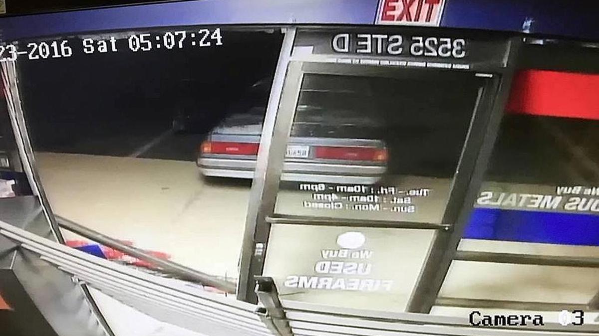 Two men stole dozens of firearms from a Ceres gun store by driving a stolen car into the store, smashing through metal bars and the windows. The burglary occurred about 5 a.m. Saturday, April 23, 2016, at CenCal Tactical on Mitchell Road. This is from surveillance video.