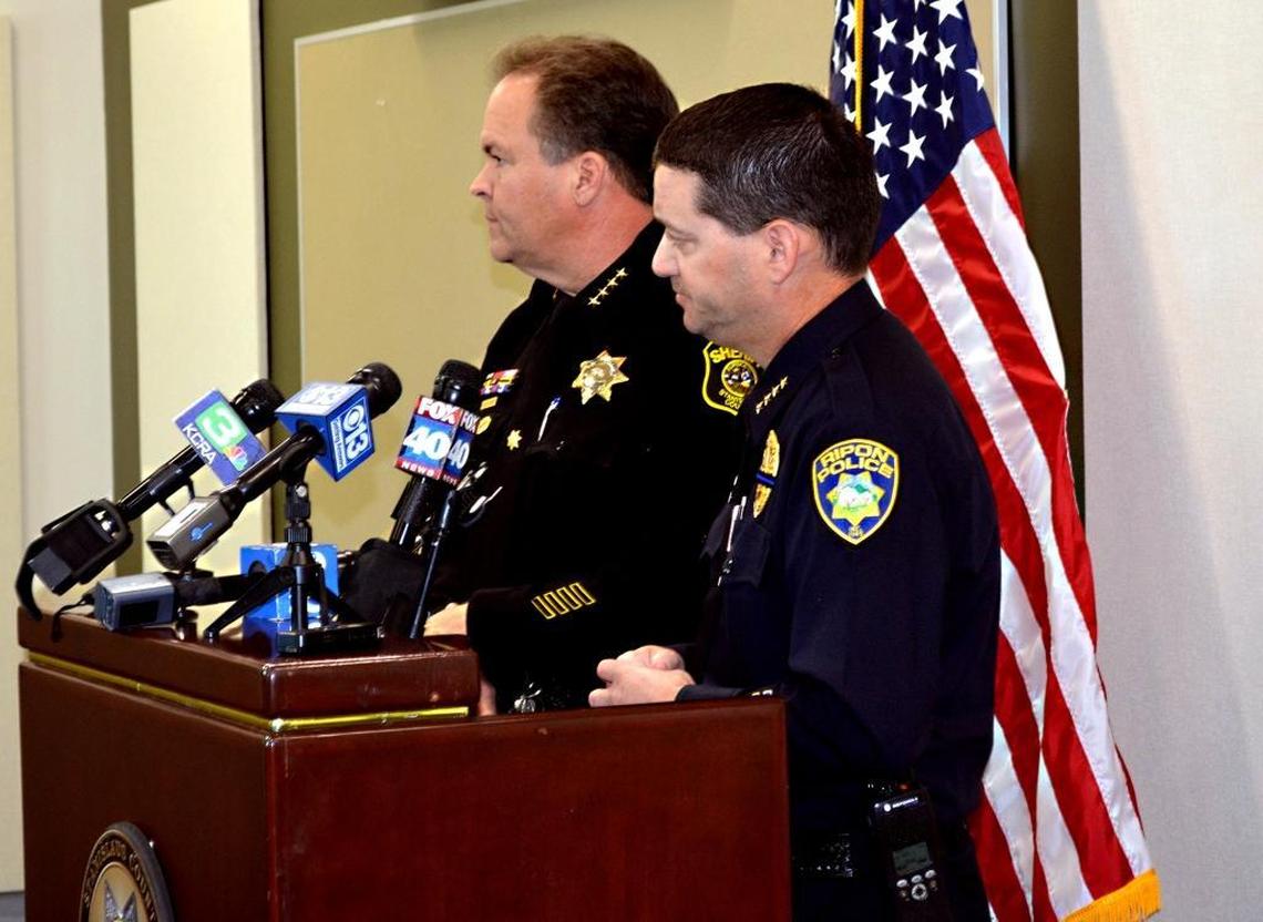 Stanislaus County Sheriff Adam Christianson, left, and Ripon police Chief Ed Ormonde brief the media regarding the officer-involved shooting Sunday in Ripon. The news conference was held Tuesday at the sheriff’s facility on E. Hackett Road in south Modesto. Deputy Justin Wall shot and killed Evin Yadegar, co-owner of Barkin’ Dog Grill with husband Hanibal Yadegar, after a slow-speed chase into Ripon.