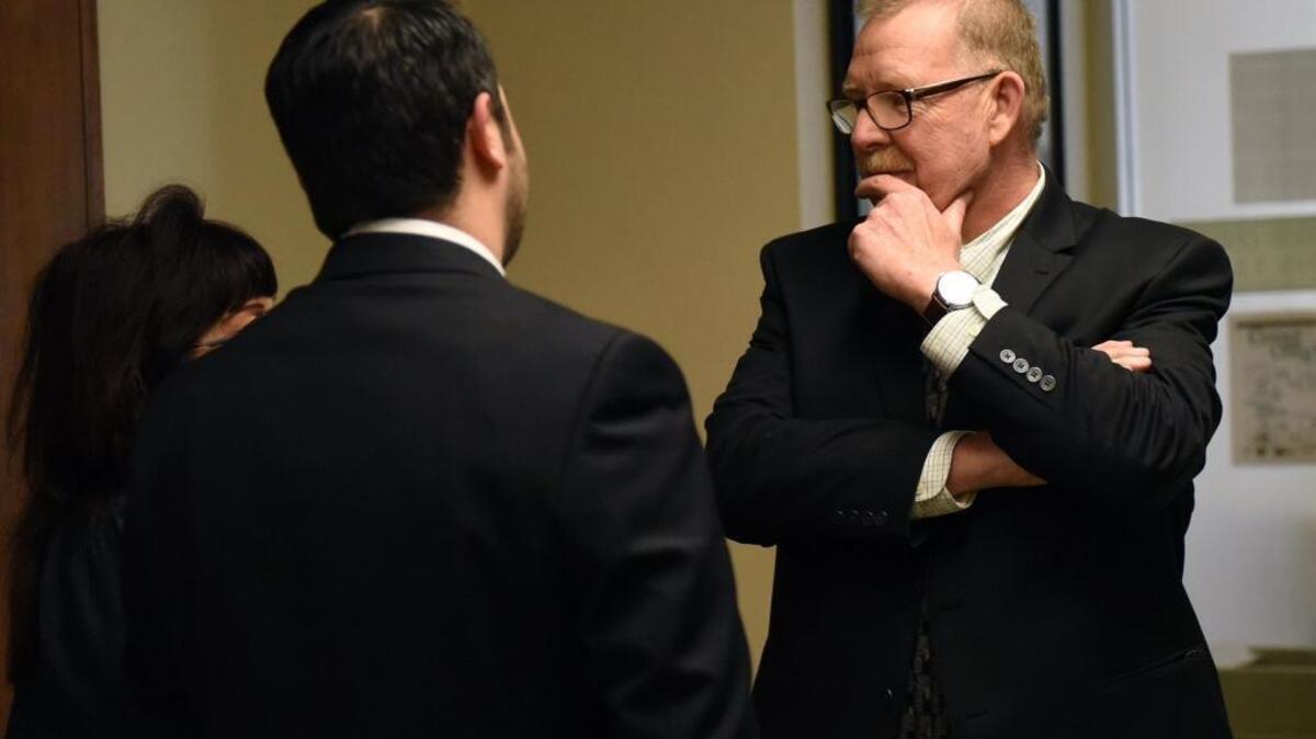 Frank Carson speaks with supporters Monday, Jan. 23, 2017, during a break at the Stanislaus County Superior Courthouse in Modesto, Calif. Carson is charged in the death of Korey Kauffman.