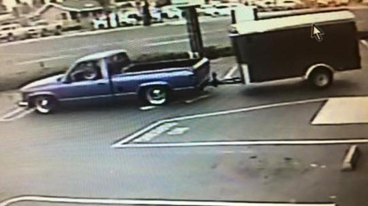 
Video surveillance shows a stolen trailer being used during an attempted robbery at a stereo shop.
