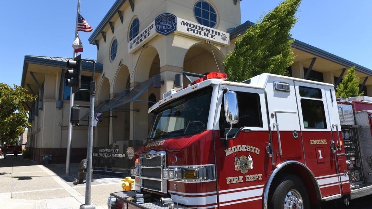 A firetruck is pictured outside the  Police Department on G and 10th streets in downtown Modesto in this May 2017 photo.
