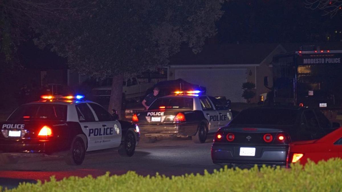 The scene from a fatal shooting at the corner of Galvez Avenue and Ortega Drive in Modesto, Calif., on Friday, Jan. 27, 2017.