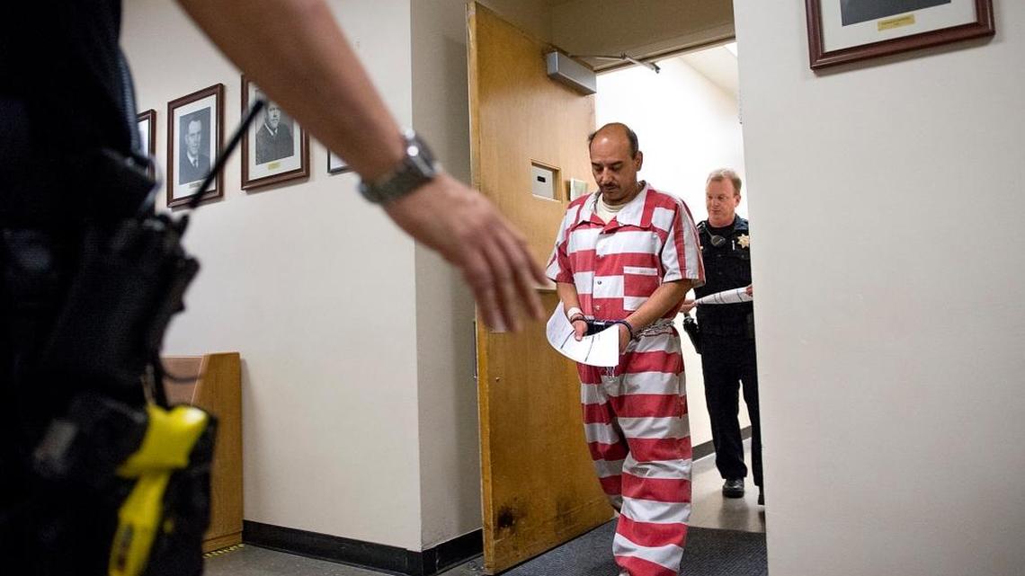 David Aguilar leaves the courtroom after being charged with the shooting of Lacy Marie Ferguson at Stanislaus County Superior Court in Modesto, Calif., on Tuesday, May, 31, 2016.