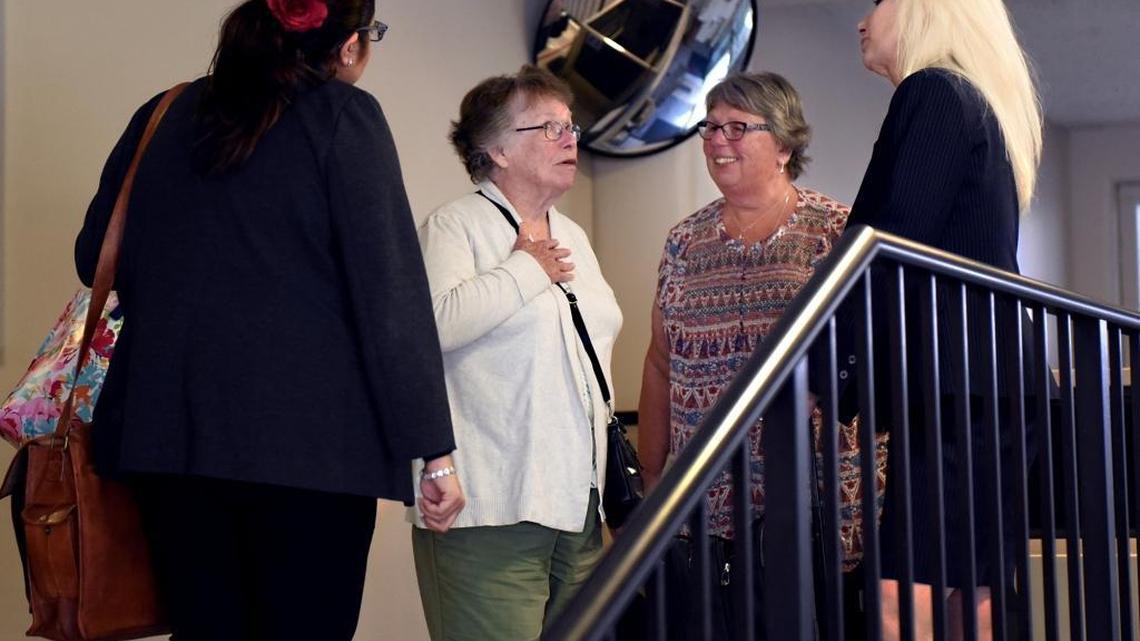 Maternal great aunt of Alycia Mesiti, Roberta Fitzpatrick (center) reacts after Mark Edward Mesiti's plea Tuesday (10-17-17) in Stanislaus County Superior Court in Modesto, Calif. Mark Edward Mesiti plead to more than 40 counts of sexually abusing his daughter and her murder. Also pictured at far right is Stanislaus County chief deputy district attorney Annette Rees.