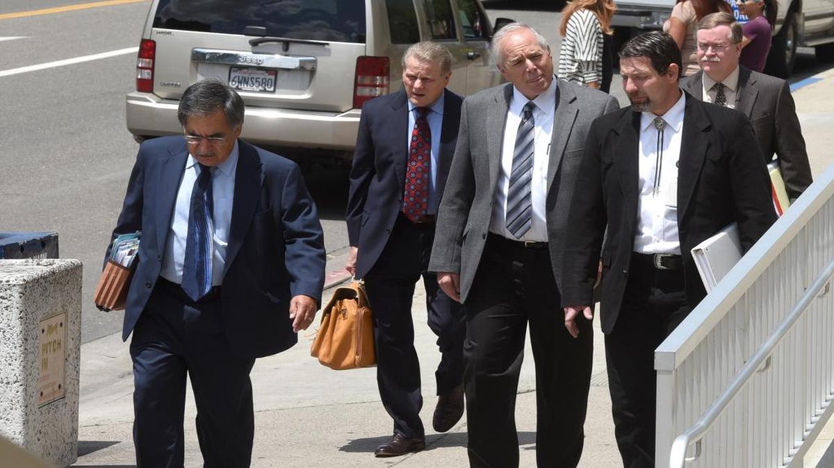 
From left to right- Jesse Rivera, Michael Rains, Kevin Bertalotto, Steven Jacobson and Dave Harris arrive for court Friday (05-15-15) for an evidentiary hearing. Jacobson and Harris both face charges of contempt of court.
