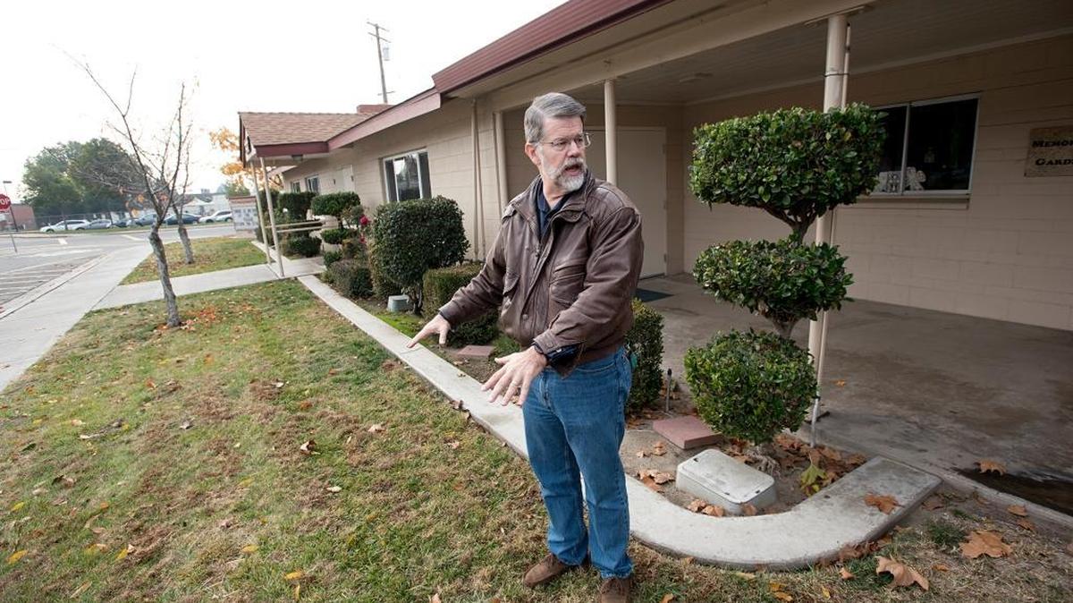 First Congregational Church of Salida pastor Kevin Roach points to where the stable for the church’s nativity scene was set up but was stolen overnight Monday.