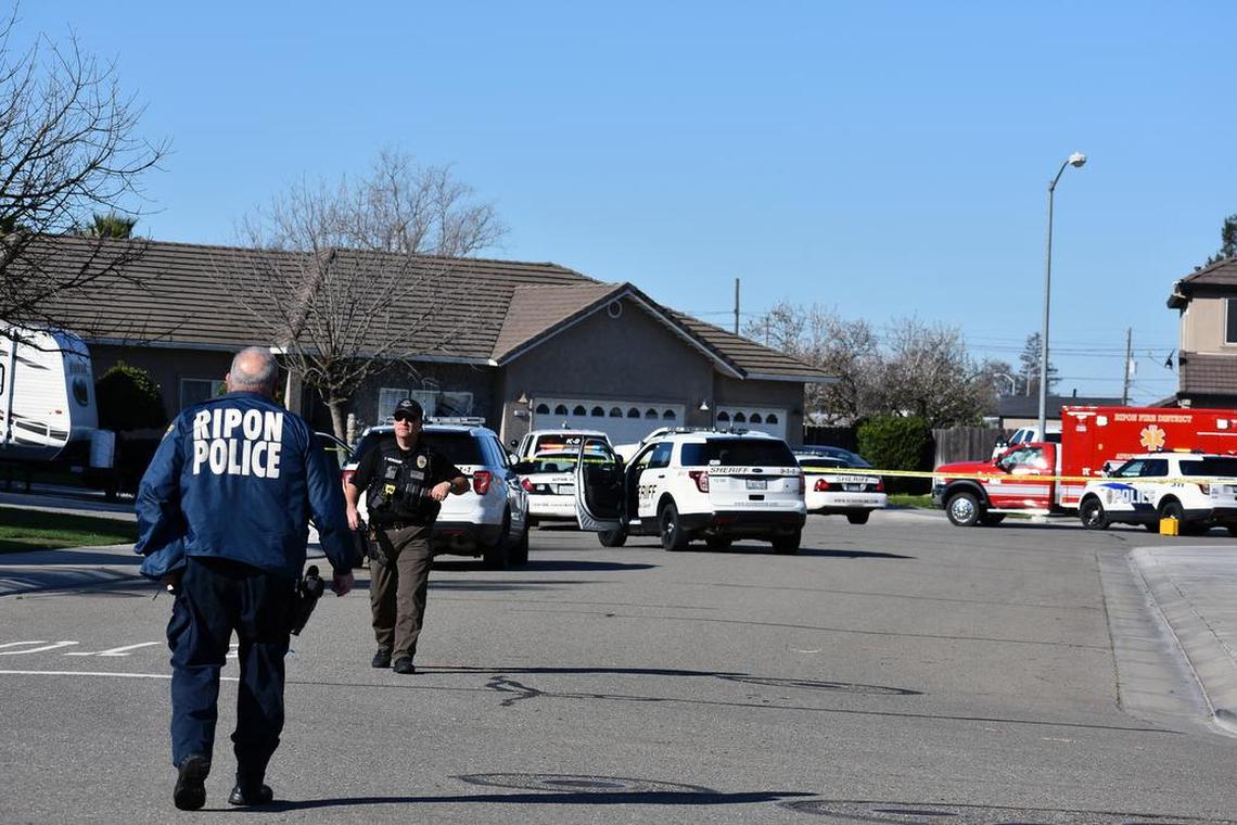 Ripon police and Stanislaus County sheriff’s deputies cordon off the area around a home on Tornell Circle in Ripon on Sunday after a vehicle chase and officer-involved shooting early that morning.