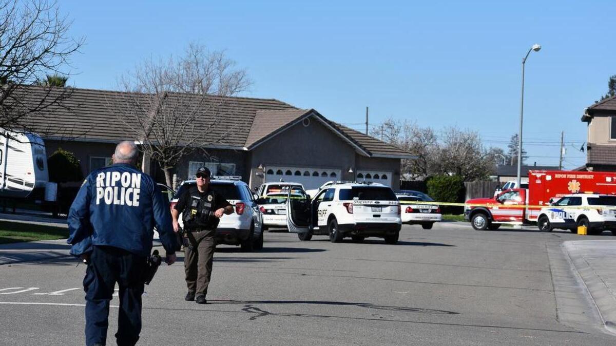 Ripon police and Stanislaus County sheriff’s deputies cordon off the area around a home on Tornell Circle in Ripon on Sunday after a vehicle chase and officer-involved shooting early that morning.