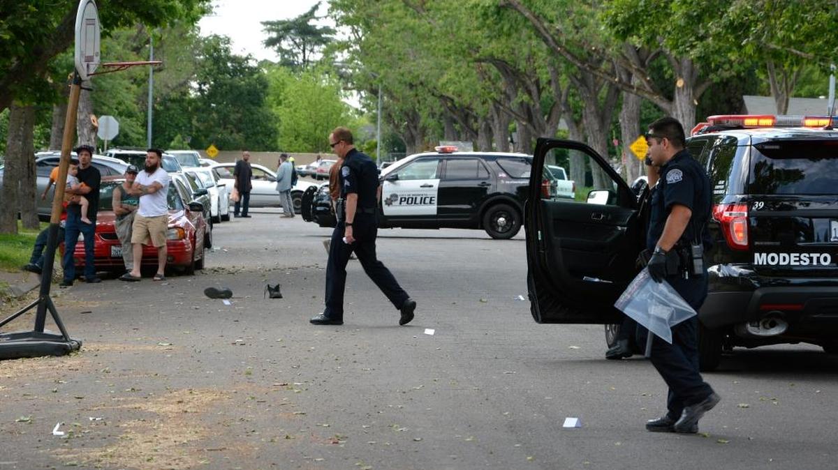 A man was shot in the hip during a drive-by shooting in the 300 block of Oak Street in Modesto, Calif. on Thursday (04-21-16)