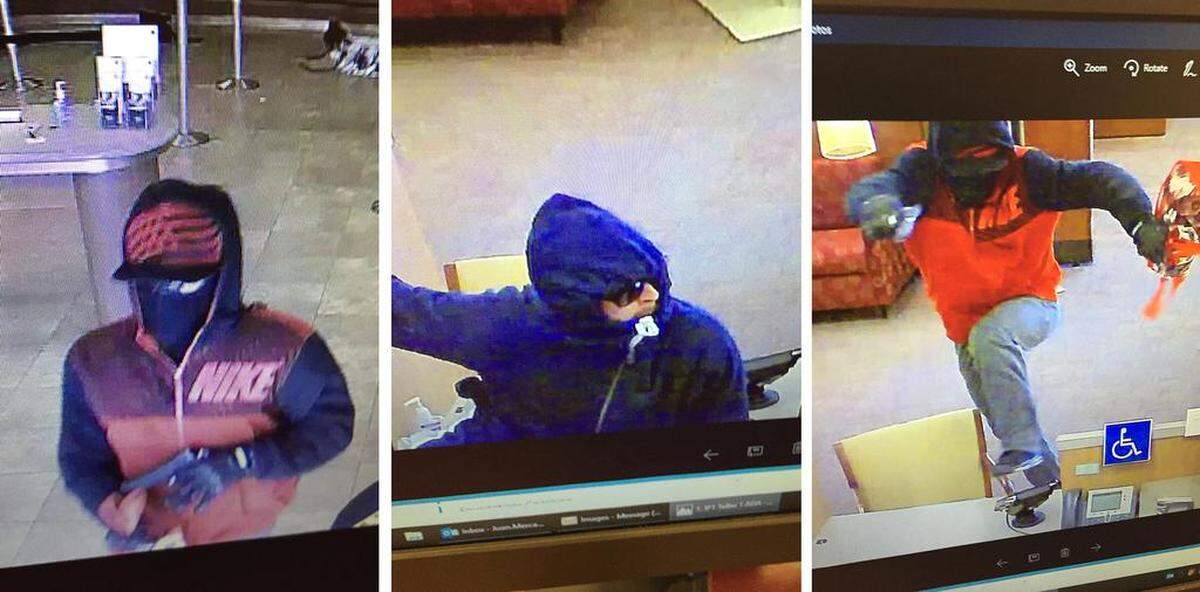 Images taken from surveillance video show three suspects in the robbery at Wells Fargo bank in Riverbank.