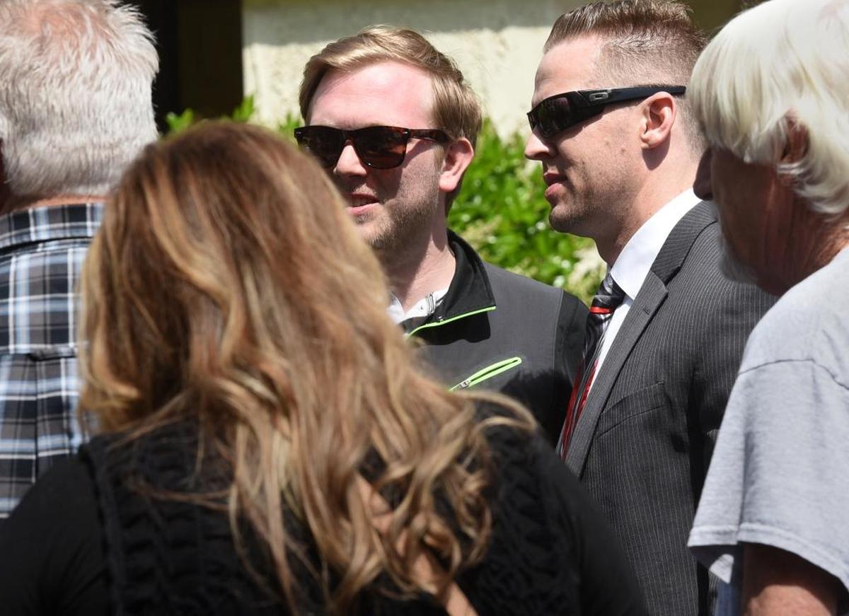 Walter Wells (second from right in sunglasses) is pictured Monday (04-10-17) after a hearing in Stanislaus County Superior Court. Wells was ordered to stand trial on charges of conspiracy to obstruct justice and acting as an accessory after the alleged murder of Korey Kauffman was committed.