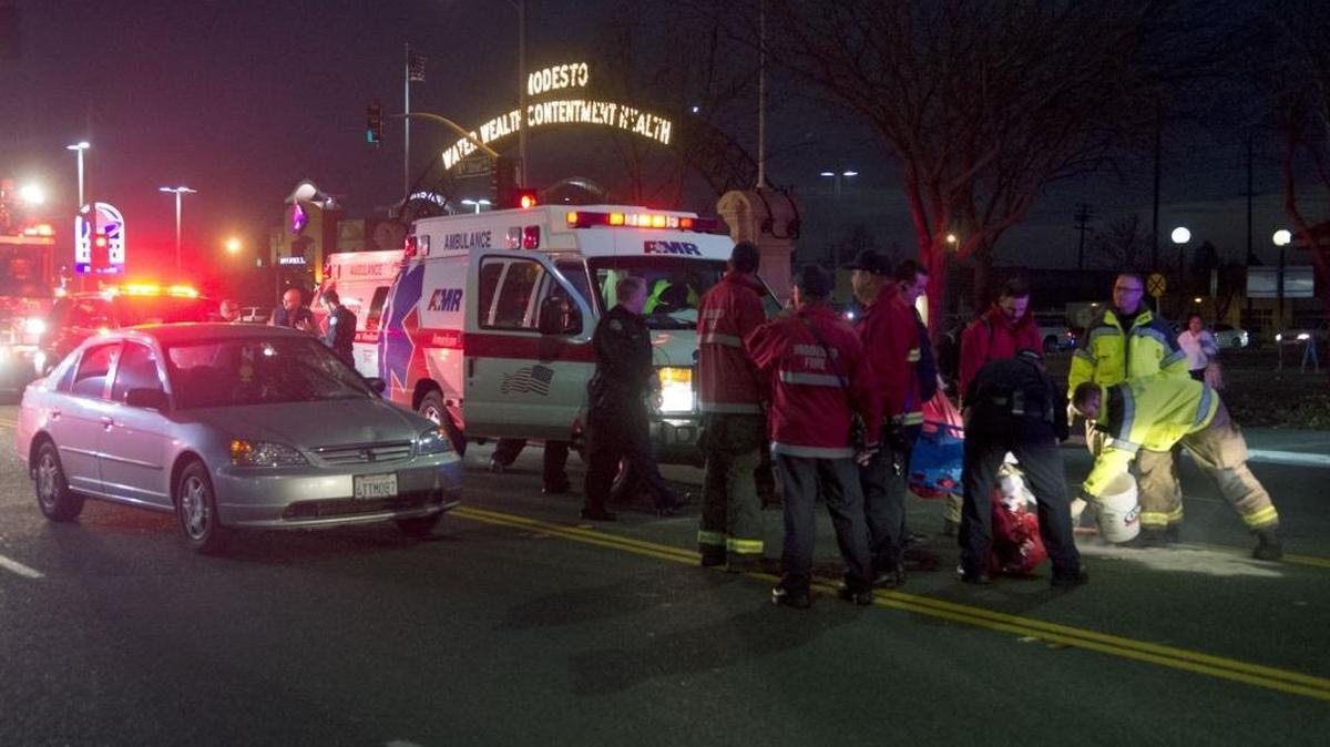 The scene where a pedestrian was stuck by a car at I and Ninth streets in Modesto on Friday, Jan. 29, 2016.