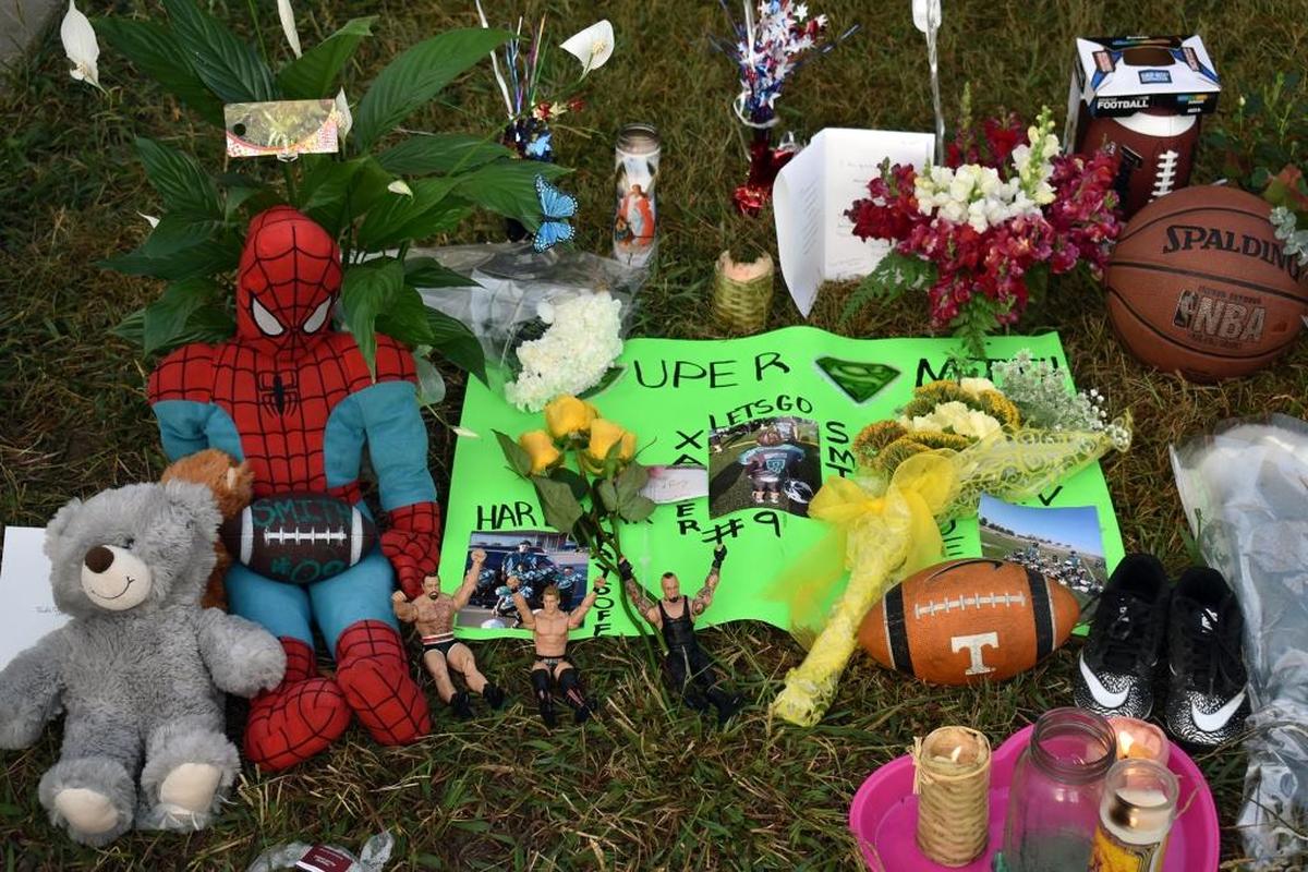 A memorial for 5-year-old Xavier Smith sits on the lawn in front of his home on Lake Park Court in Modesto, Calif. near where he was killed by gunfire Saturday night Oct. 28, 2017.