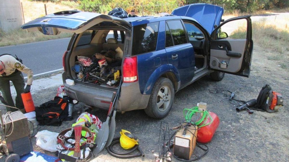 A Tuolumne County sheriff’s deputy found two men with this vehicle reportedly loaded with stolen mail and more than $3,000 worth of tools and gear taken in a burglary at a Sonora tree removal business.