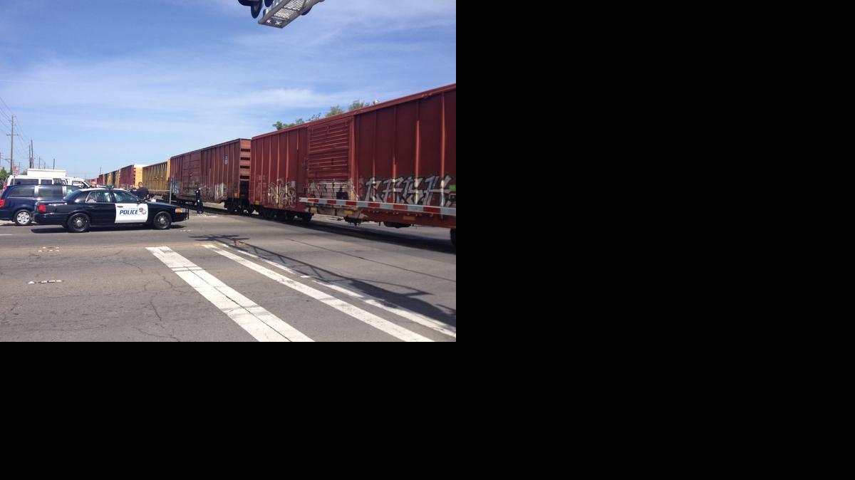 
A man escaped serious injury Thursday when a train crushed his bicycle’s rear tire while he was trying to cross the railroad tracks at L and Eighth streets in downtown Modesto.
