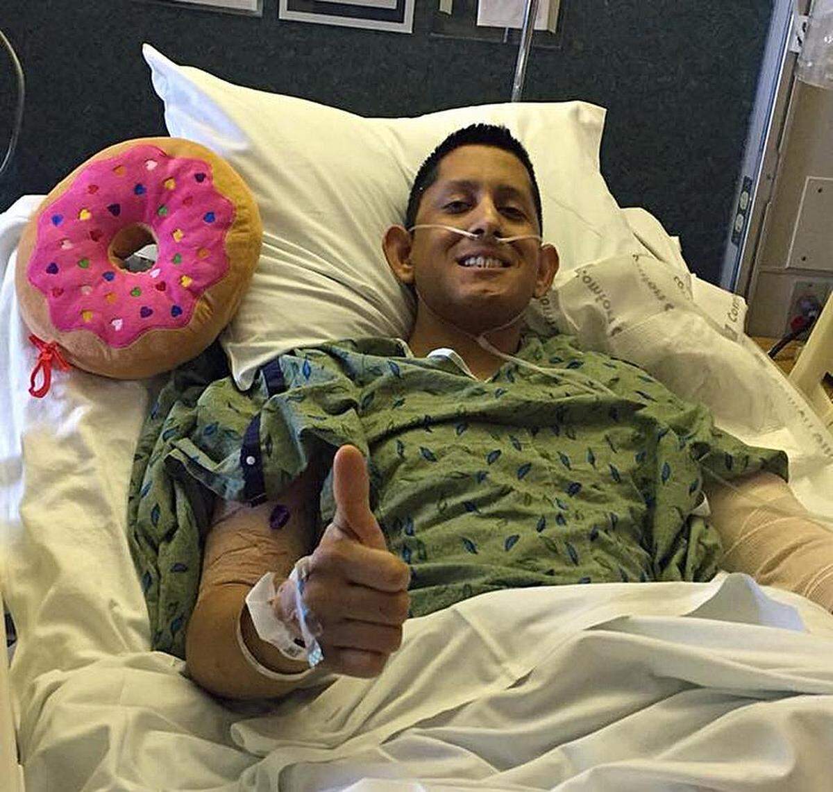 Juan Arroyo, the Modesto Police Department officer who was seriously injured after his squad car was struck by a pickup being pursued by the California Highway Patrol on Jan. 16, 2018, was taken out of intensive care.