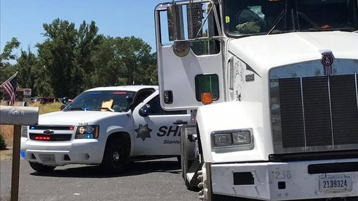 Three Stanislaus County men were arrested Tuesday after authorities conducting surveillance on a stolen big rig followed it from Stanislaus into Tuolumne County.