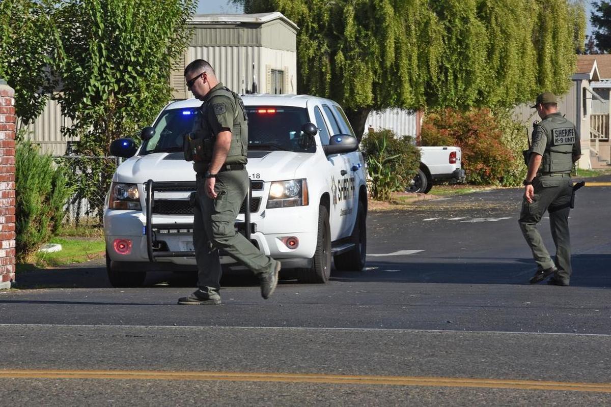 Stanislaus County Sheriff’s Deputies searched the Orchard Village Mobile Home Park on Sunday for David Machado, suspected of killing Deputy Dennis Wallace.
