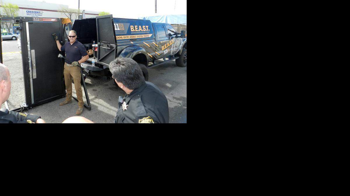 
Modesto-based 5.11 Tactical was at Crescent Work & Outdoor on Wednesday with the BEAST truck, demonstrating a breaching door and other tools for law enforcement.

