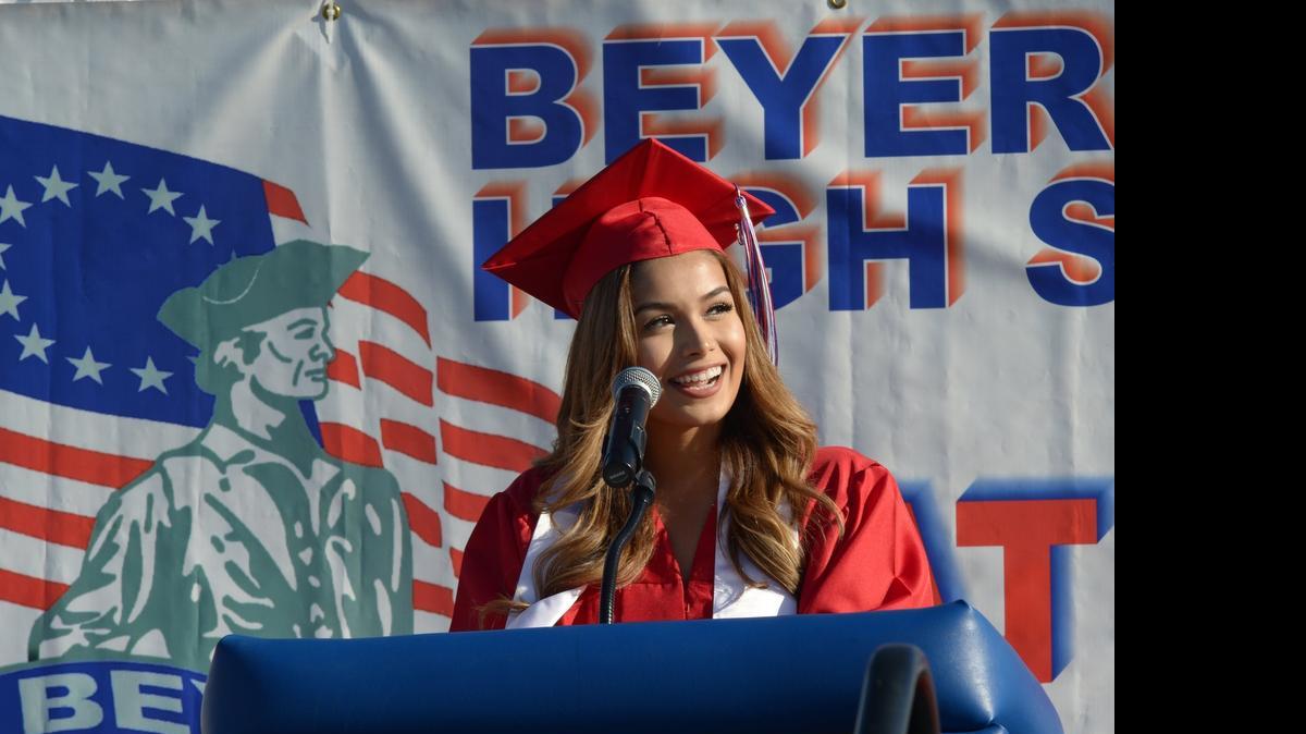 
Beyer high school graduate Amanda Castillo gives the speech "We Made It" on Thursday evening (05-28-15) at Beyer's graduation at Modesto Junior College's east campus in Modesto, Calif.
