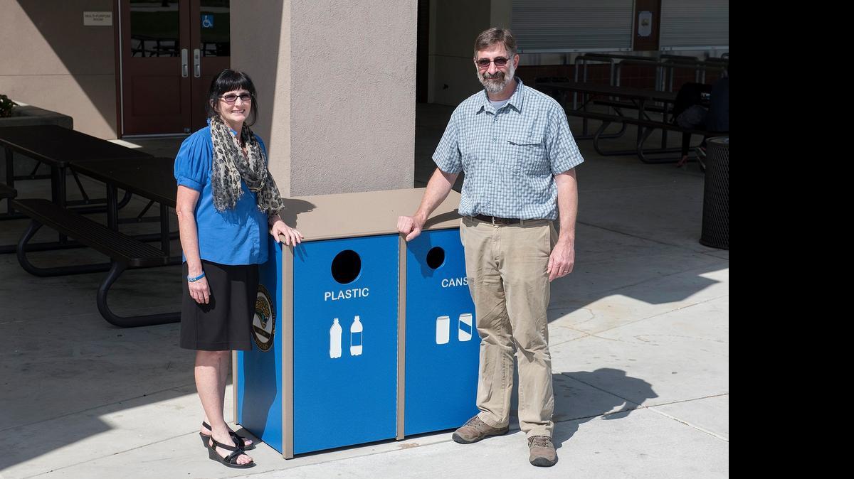 
Joe Orlando and Katie Merenda are two Modesto City Schools coordinators launching a district-wide recycling programin Modesto, Calif., on Friday, April, 24, 2015. 
