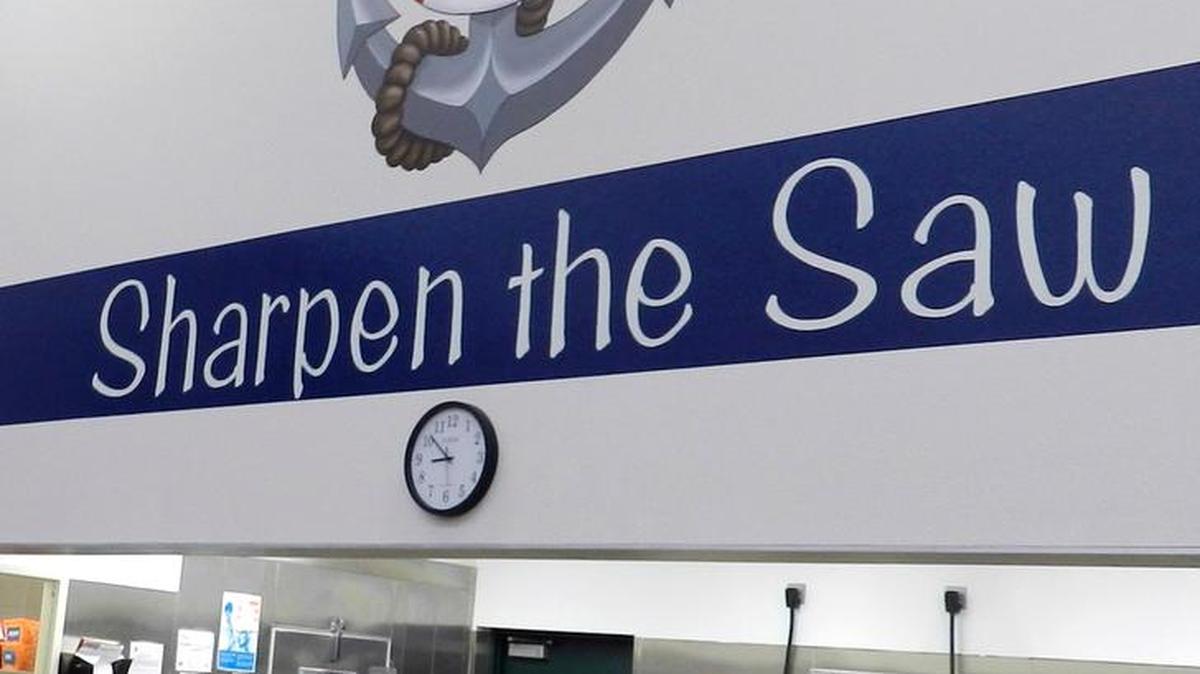 
“Sharpen the Saw,” seen on a cafeteria wall Wednesday at Mary Ann Sanders Elementary in the Sylvan Union School District, is among the “7 Habits of Healthy Kids” that are part of the Leader in Me curriculum at the school. 
