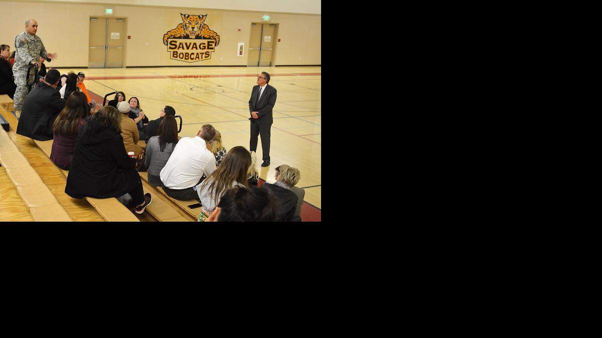 
About 100 parents came to a Savage Middle School forum led by Principal Mitch Wood, right, on Thursday.
