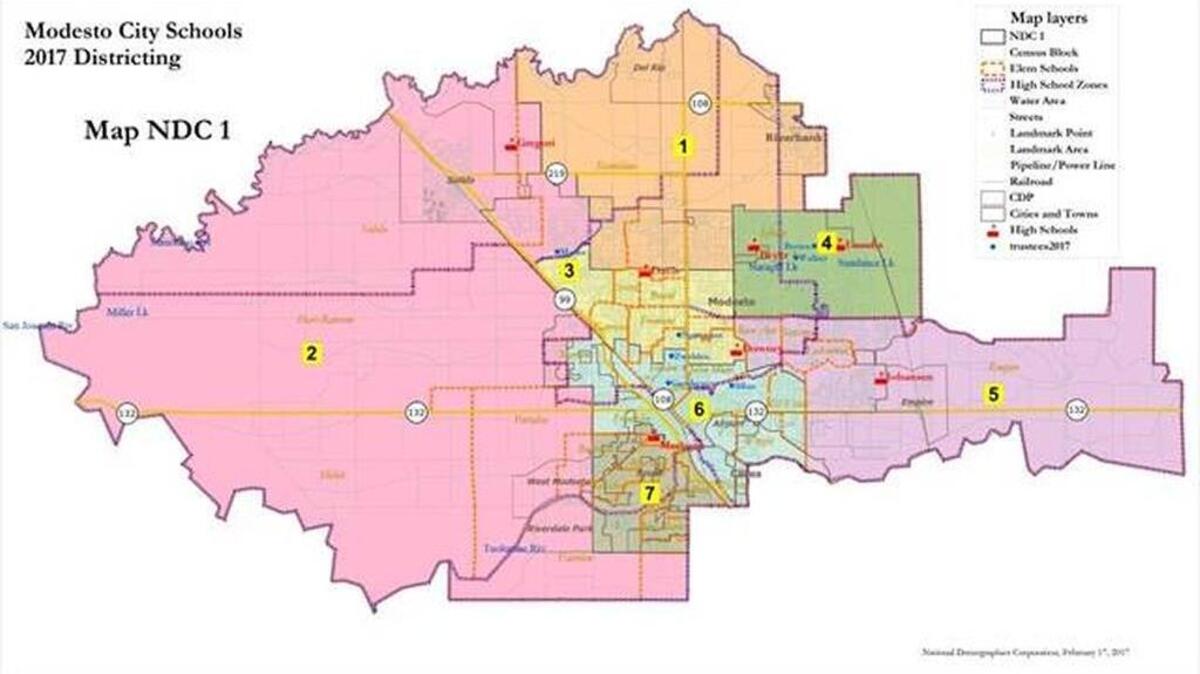Map 1: made to create the most compact zones, has a core central Modesto area that includes the Airport District, and clumps together the most dense south and west neighborhoods. The northeast is split into a block defined by Briggsmore Avenue and Coffee Road, and a squat vase-shape spreading north from Floyd Avenue.