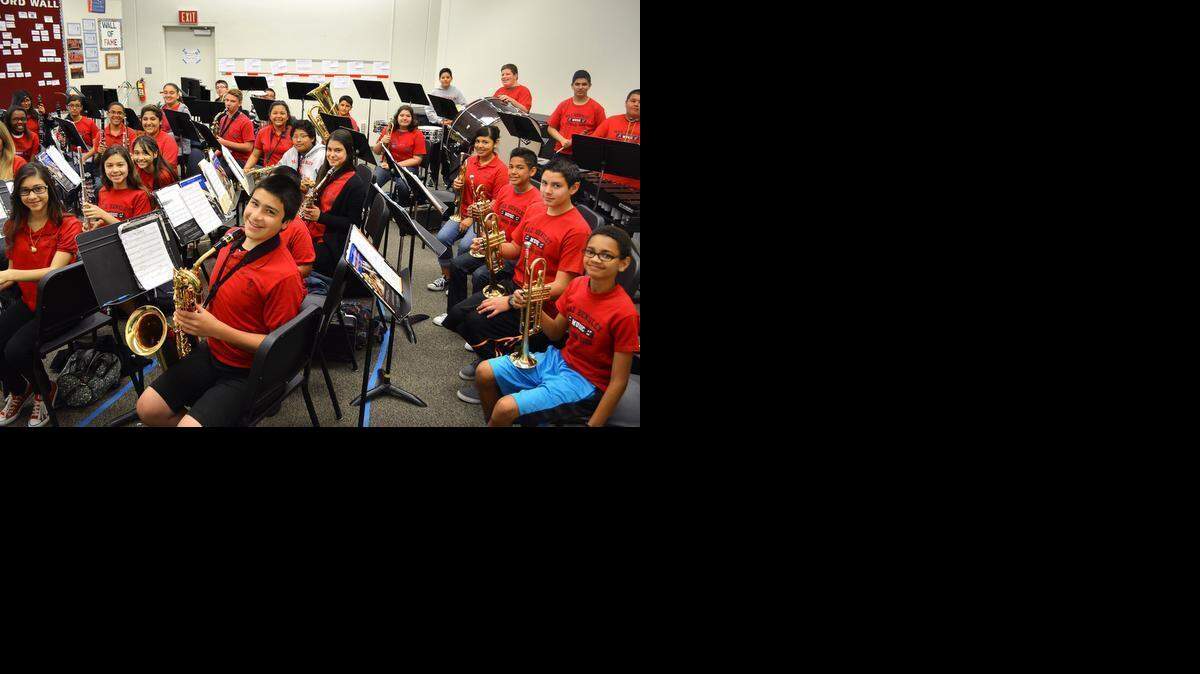 
Mae Hensley Junior High musicians show off new horns Tuesday donated by the Mr. Holland’s Opus Foundation. 

