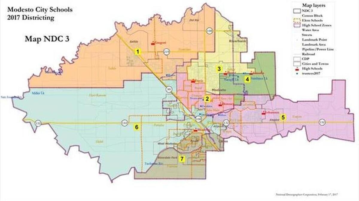 Map 3: Made to follow elementary school zones, lumps central and west Modesto with the Airport District, with the south Modesto zone including everything below Paradise Road and the Tuolumne River. It splits northeast Modesto into two zones along Sylvan Avenue.