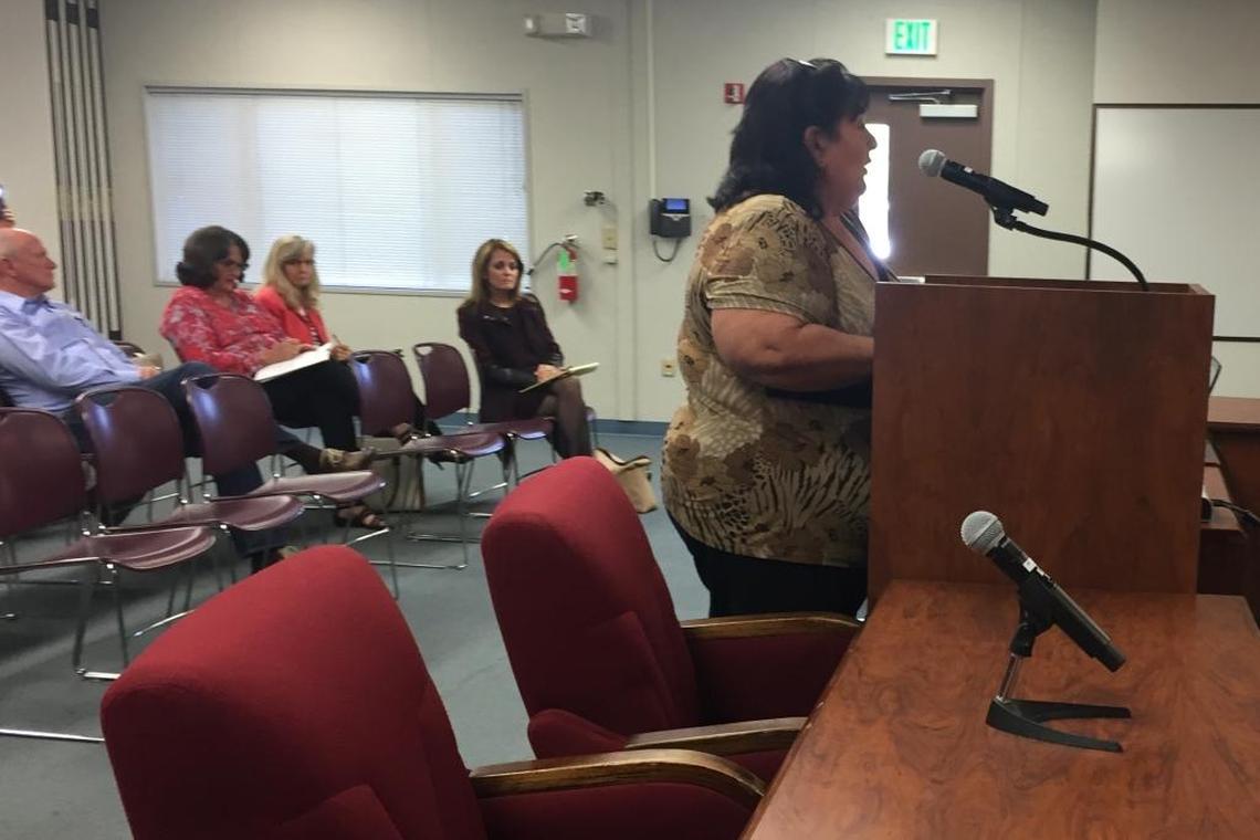 Rebecca Harrington, president of the Latino Community Roundtable, protests the delay in voting for Area 7, the most heavily Latino of the seven Modesto City Schools trustee areas, at the final hearing for the process in front of the Stanislaus County Committee on School District Organization, in Modesto, CA, on April 25, 2017.