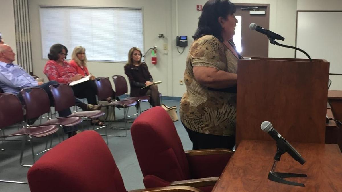 Rebecca Harrington, president of the Latino Community Roundtable, protests the delay in voting for Area 7, the most heavily Latino of the seven Modesto City Schools trustee areas, at the final hearing for the process in front of the Stanislaus County Committee on School District Organization, in Modesto, CA, on April 25, 2017.