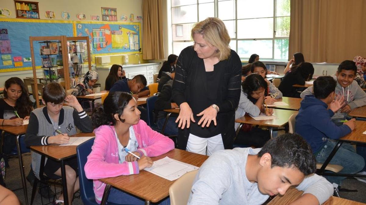 2016 Stanislaus County Teacher of the Year June Forrest leads a class at Roosevelt Junior High in Modesto.