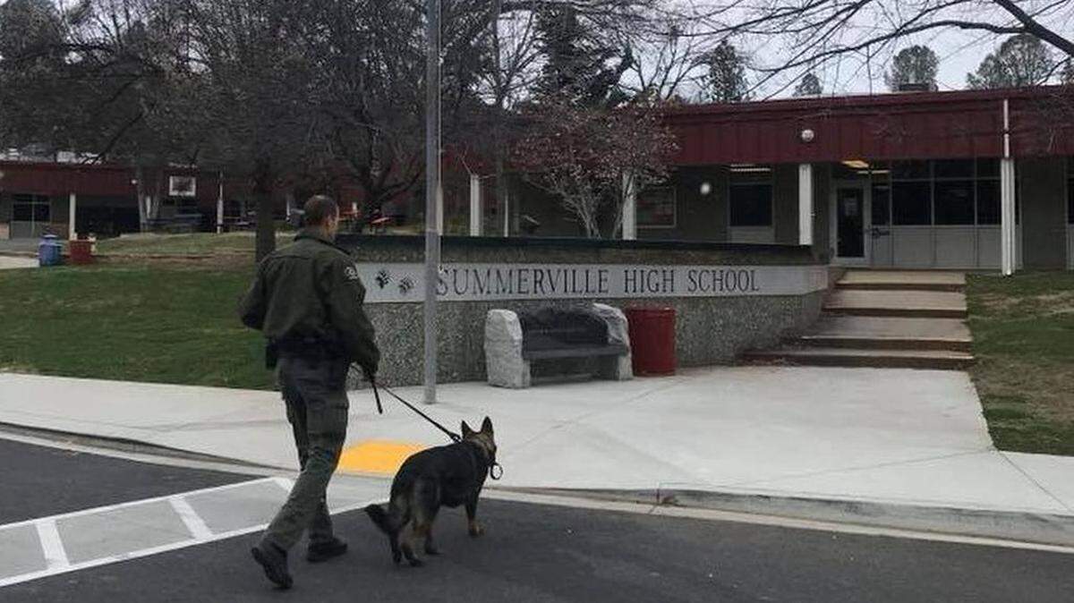 Tuolumne County sheriff's Deputy David Poel and his dog, Beau, provide an extra measure of security at Summerville High in Tuolumne after a social-media threat to a school identified as "SHS."