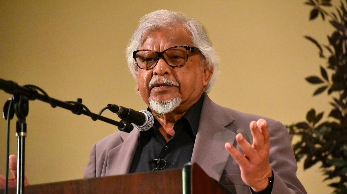 Arun Gandhi, the fifth grandson of Mahatma Gandhi, speaks at California State University, Stanislaus after dedication of the Peace Pole on the campus quad in Turlock, CA, on April 27, 2017.