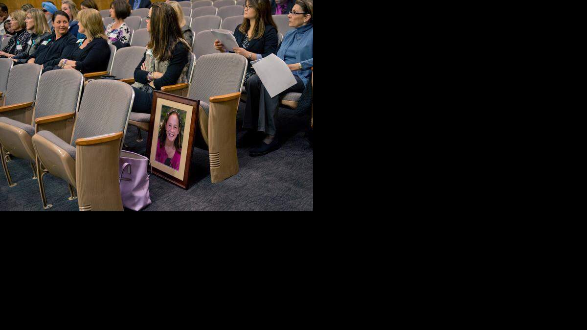 
A photograph of Natalie Giorgi rests at the State Capitol in April, when her mother, Joanne Giorgi, came to support increased access to epinephrine auto-injectors in schools.
